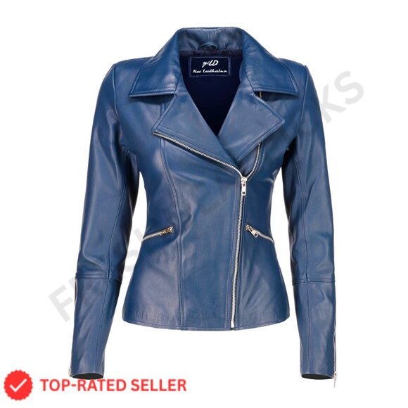 Lambskin Leather Motorcycle Jacket with Asymmetrical Zip Zippered Pockets
